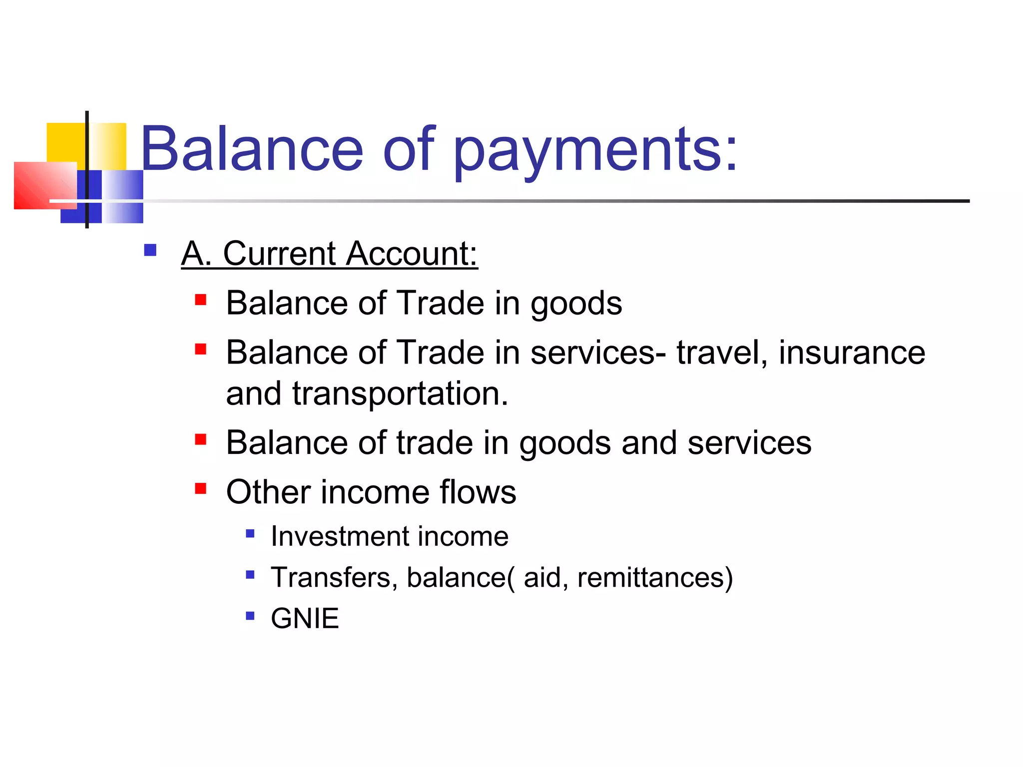 Balance of payments:


A. Current Account:
 Balance of Trade in goods
 Balance of Trade in services- travel, insurance
and transportation.
 Balance of trade in goods and services
 Other income flows




Investment income
Transfers, balance( aid, remittances)
GNIE

 