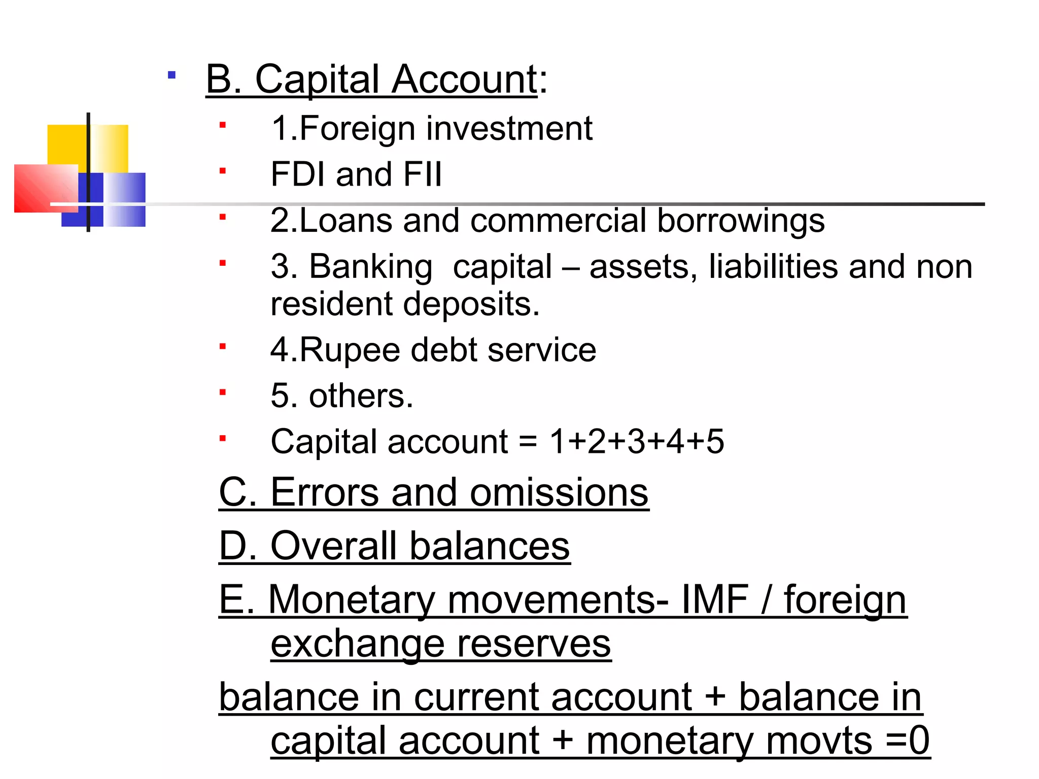 

B. Capital Account:









1.Foreign investment
FDI and FII
2.Loans and commercial borrowings
3. Banking capital – assets, liabilities and non
resident deposits.
4.Rupee debt service
5. others.
Capital account = 1+2+3+4+5

C. Errors and omissions
D. Overall balances
E. Monetary movements- IMF / foreign
exchange reserves
balance in current account + balance in
capital account + monetary movts =0

 