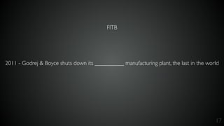 17
2011 - Godrej & Boyce shuts down its __________ manufacturing plant, the last in the world
FITB
 