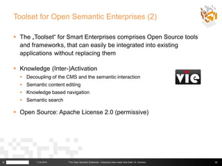 Toolset for Open Semantic Enterprises (2)

     The „Toolset“ for Smart Enterprises comprises Open Source tools
      and frameworks, that can easily be integrated into existing
      applications without replacing them

     Knowledge (Inter-)Activation
       Decoupling of the CMS and the semantic interaction
       Semantic content editing
       Knowledge based navigation
       Semantic search

     Open Source: Apache License 2.0 (permissive)




©            11.04.2013   "The Open Semantic Enterprise - Enterprise Data meets Web Data" (G. Güntner)   26
 