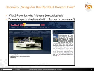 Scenario: „Wings for the Red Bull Content Pool“

     HTML5-Player for video fragments (temporal, spacial)
     Time code synchronized visualisation of concepts („catamaran“)




©            11.04.2013   "The Open Semantic Enterprise - Enterprise Data meets Web Data" (G. Güntner)   35
 