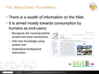 The „Web of Data“: Foundations

     There is a wealth of information on the Web.
     It is aimed mostly towards consumption by
      humans as end-users:
      Recognize the meaning behind
       content and draw conclusions,
      Infer new knowledge using
       context and
      Understand background
       information.



                                                                                                      by


©         11.04.2013   "The Open Semantic Enterprise - Enterprise Data meets Web Data" (G. Güntner)        6
 