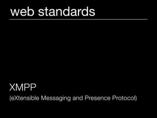 web standards




XMPP
(eXtensible Messaging and Presence Protocol)
 