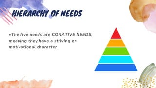 •The five needs are CONATIVE NEEDS,
meaning they have a striving or
motivational character
HIERARCHY OF NEEDS
 
