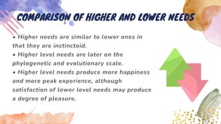 • Higher needs are similar to lower ones in
that they are instinctoid.
• Higher level needs are later on the
phylogenetic and evolutionary scale.
• Higher level needs produce more happiness
and more peak experience, although
satisfaction of lower level needs may produce
a degree of pleasure.
COMPARISON OF HIGHER AND LOWER NEEDS
 