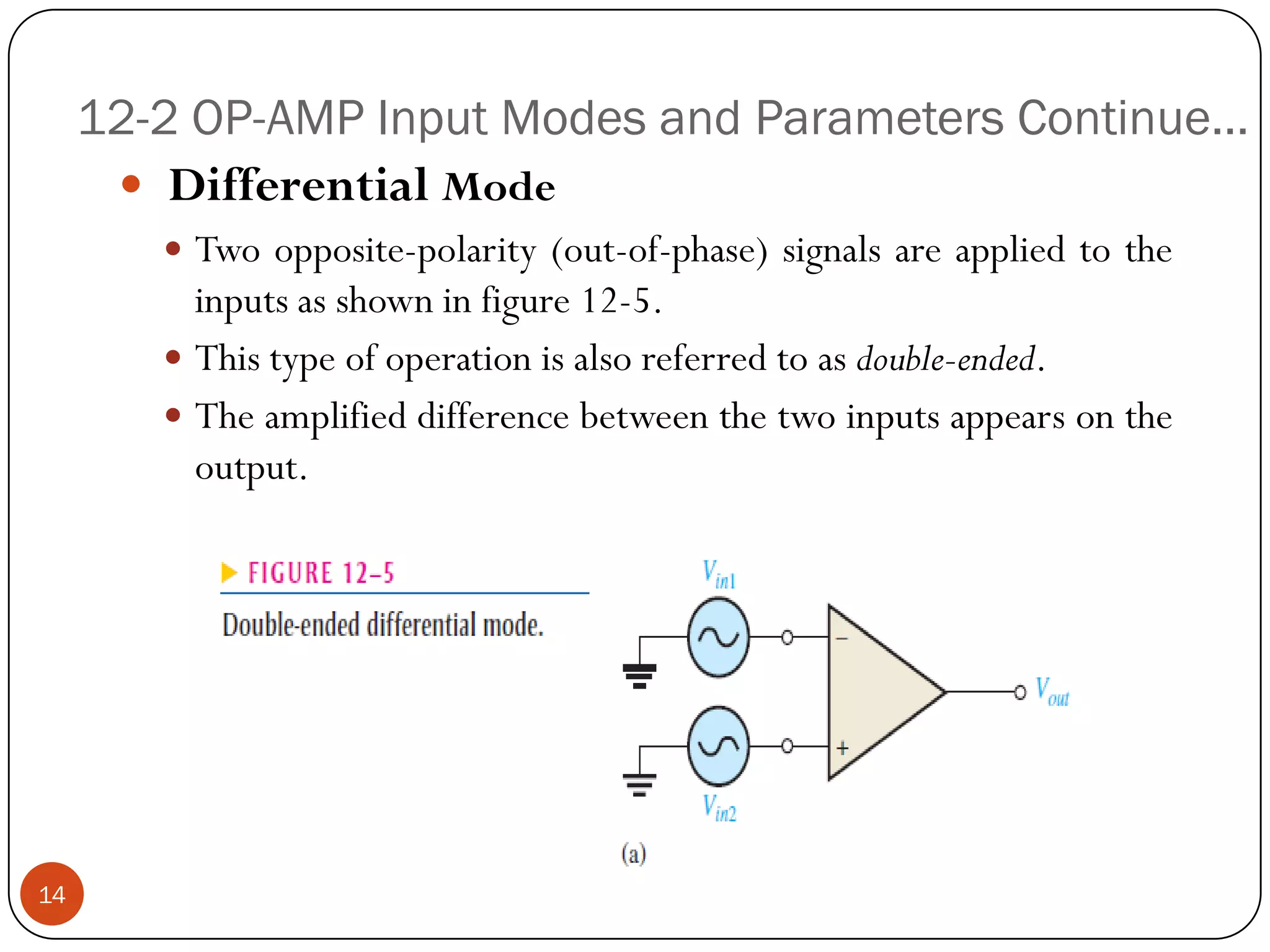 12-2 OP-AMP Input Modes and Parameters Continue… 
DifferentialMode 
Twoopposite-polarity(out-of-phase)signalsareappliedtotheinputsasshowninfigure12-5. 
Thistypeofoperationisalsoreferredtoasdouble-ended. 
Theamplifieddifferencebetweenthetwoinputsappearsontheoutput. 14  