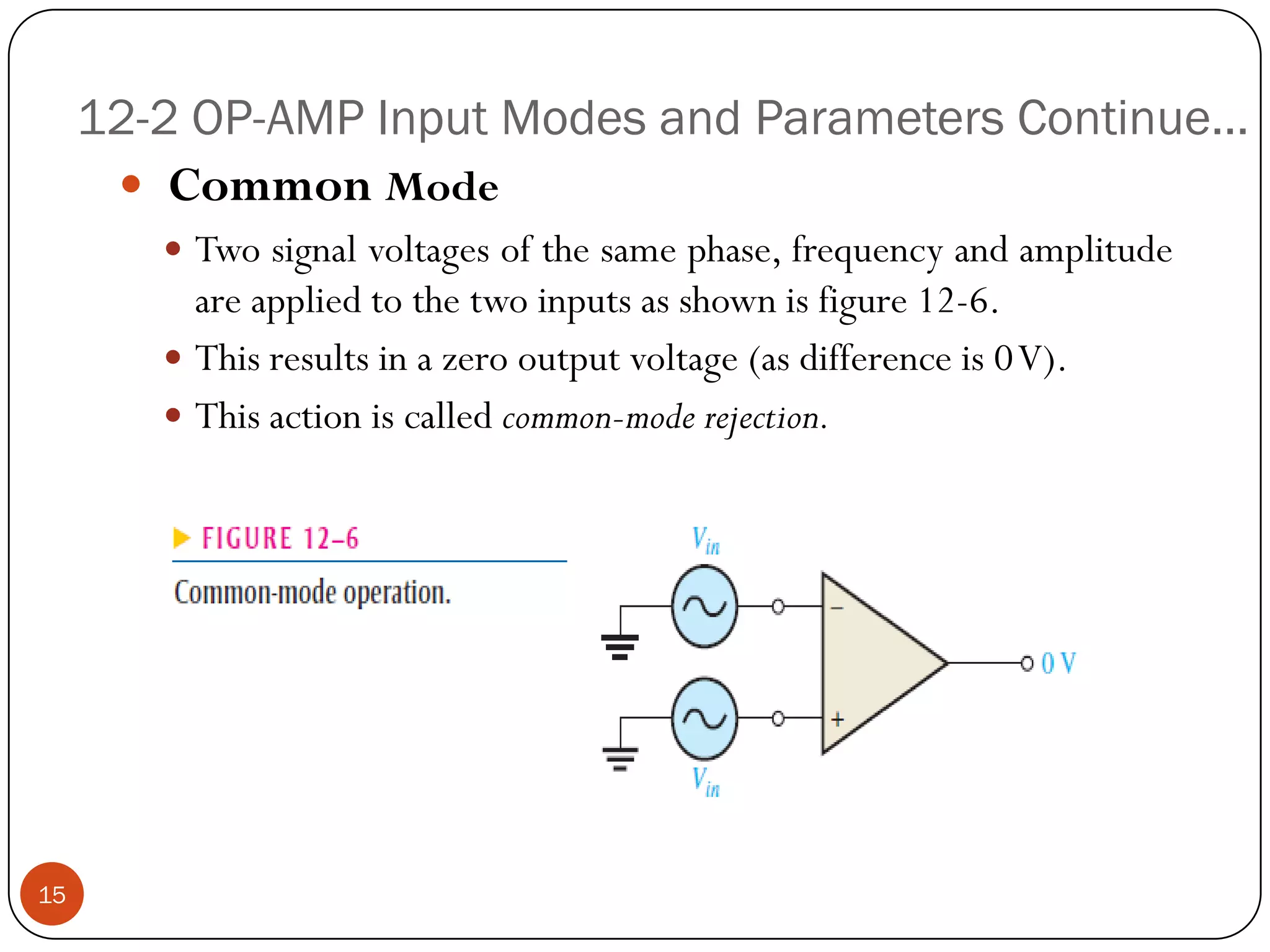 12-2 OP-AMP Input Modes and Parameters Continue… 
CommonMode 
Twosignalvoltagesofthesamephase,frequencyandamplitudeareappliedtothetwoinputsasshownisfigure12-6. 
Thisresultsinazerooutputvoltage(asdifferenceis0V). 
Thisactioniscalledcommon-moderejection. 15  
