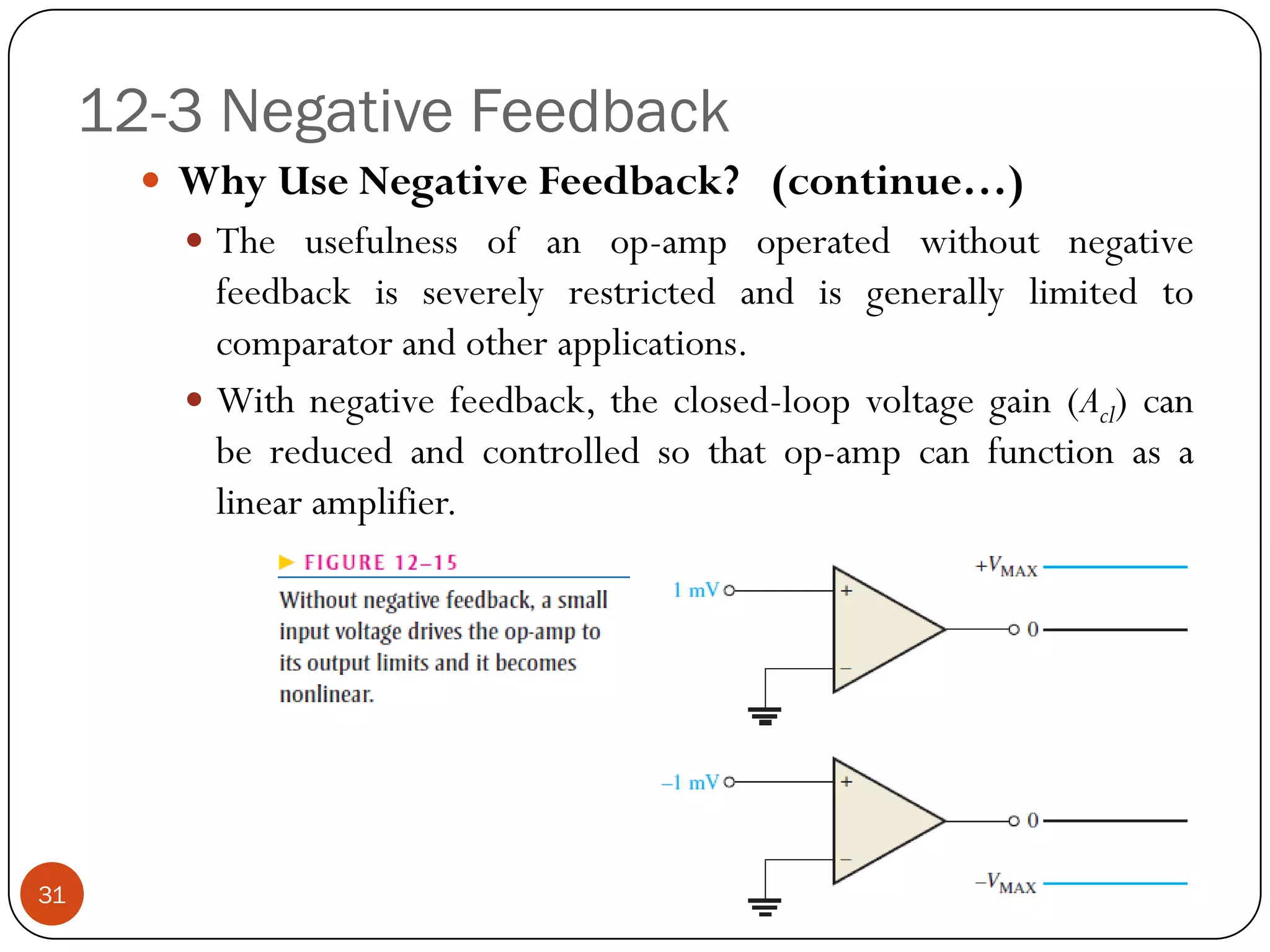 12-3 Negative Feedback 
WhyUseNegativeFeedback?(continue…) 
Theusefulnessofanop-ampoperatedwithoutnegativefeedbackisseverelyrestrictedandisgenerallylimitedtocomparatorandotherapplications. 
Withnegativefeedback,theclosed-loopvoltagegain(Acl)canbereducedandcontrolledsothatop-ampcanfunctionasalinearamplifier. 
31  