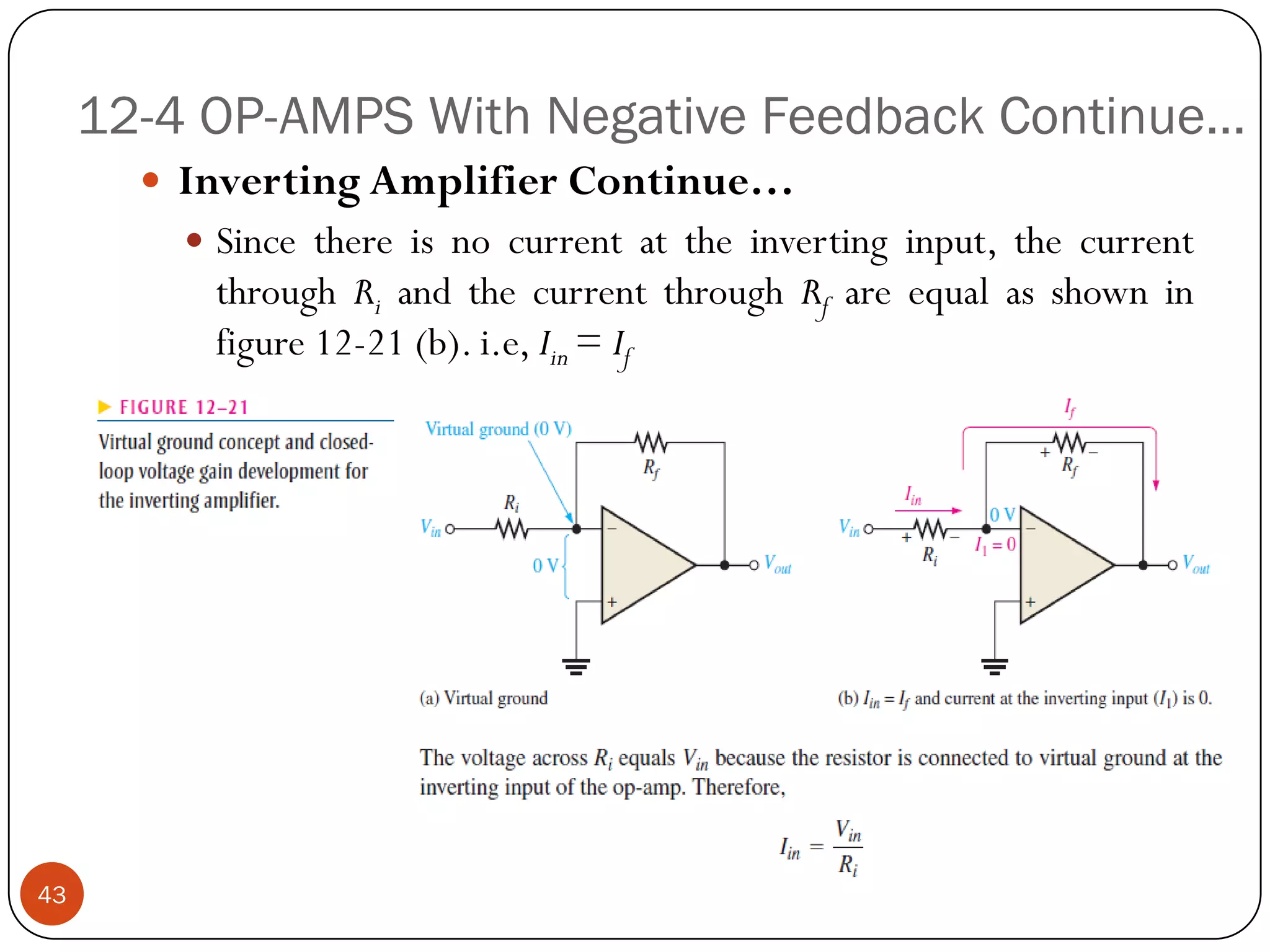 12-4 OP-AMPS With Negative Feedback Continue… 
InvertingAmplifierContinue… 
Sincethereisnocurrentattheinvertinginput,thecurrentthroughRiandthecurrentthroughRfareequalasshowninfigure12-21(b).i.e,Iin=If43  