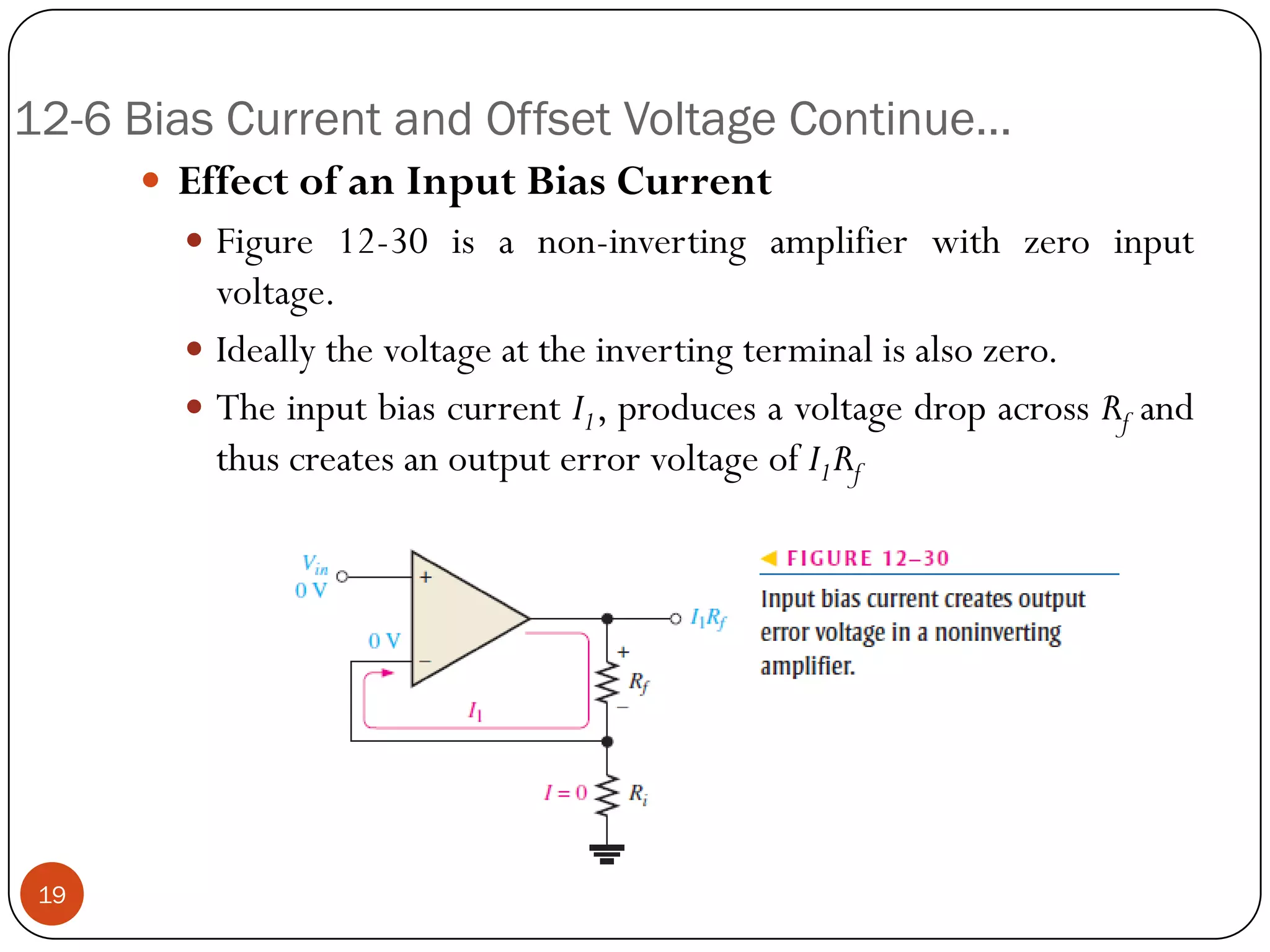 12-6 Bias Current and Offset Voltage Continue… 
EffectofanInputBiasCurrent 
Figure12-30isanon-invertingamplifierwithzeroinputvoltage. 
Ideallythevoltageattheinvertingterminalisalsozero. 
TheinputbiascurrentI1,producesavoltagedropacrossRfandthuscreatesanoutputerrorvoltageofI1Rf19  