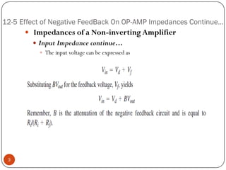 12-5 Effect of Negative FeedBack On OP-AMP Impedances Continue… 
ImpedancesofaNon-invertingAmplifier 
InputImpedancecontinue… 
Theinputvoltagecanbeexpressedas3  