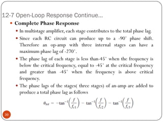 12-7 Open-Loop Response Continue… 
CompletePhaseResponse 
Inmultistageamplifier,eachstagecontributestothetotalphaselag. 
SinceeachRCcircuitcanproduceuptoa-90˚phaseshift. Thereforeanop-ampwiththreeinternalstagescanhaveamaximumphaselagof-270˚. 
Thephaselagofeachstageislessthan-45˚whenthefrequencyisbelowthecriticalfrequency,equalto-45˚atthecriticalfrequencyandgreaterthan-45˚whenthefrequencyisabovecriticalfrequency. 
Thephaselagsofthestages(threestages)ofan-ampareaddedtoproduceatotalphaselagasfollows39  