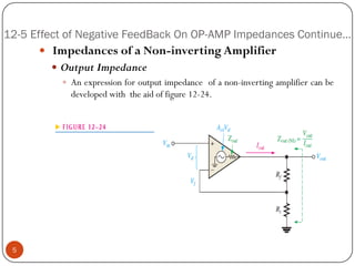 12-5 Effect of Negative FeedBack On OP-AMP Impedances Continue… 
ImpedancesofaNon-invertingAmplifier 
OutputImpedance 
Anexpressionforoutputimpedanceofanon-invertingamplifiercanbedevelopedwiththeaidoffigure12-24. 
5  