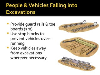 Provide guard rails & toe boards (2m) Use stop blocks to prevent vehicles over-running Keep vehicles away from excavations wherever necessary 