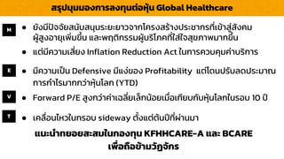 สรุปมุมมองกำรลงทุนต่อหุ้น Global Healthcare
แนะนำทยอยสะสมในกองทุน KFHHCARE-A และ BCARE
เพื่อถือข้ำมวัฏจักร
E ● มีควำมเป็น Defensive มีแง่ของ Profitability แต่โดนปรับลดประมำณ
กำรกำไรมำกกว่ำหุ้นโลก (YTD)
M
V
T
● ยังมีปัจจัยสนับสนุนระยะยำวจำกโครงสร้ำงประชำกรที่เข้ำสู่สังคม
ผู้สูงอำยุเพิ่มขึ้น และพฤติกรรมผู้บริโภคที่ใส่ใจสุขภำพมำกขึ้น
● แต่มีควำมเสี่ยง Inflation Reduction Act ในกำรควบคุมค่ำบริกำร
● เคลื่อนไหวในกรอบ sideway ตั้งแต่ต้นปีที่ผ่ำนมำ
● Forward P/E สูงกว่ำค่ำเฉลี่ยเล็กน้อยเมื่อเทียบกับหุ้นโลกในรอบ 10 ปี
 