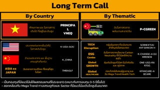 Long Term Call
ศักยภาพ และ โอกาสการ
เติบโต ที่อยู่ในระดับสูง
PRINCIPA
L
VNEQ
By Country By Thematic
จับโอกาสตลาด
พลังงานสะอาดจีน
P-CGREEN
K-USA-A(A)
K_CHINA
TMBAGLF
ประเทศแห่งเทคฯชั้นนาที่มี
โอกาสเติบโตสูง
จานวนประชากร และ พื้นฐาน
เศรษฐกิจที่แกร่ง
จับตลำดกำรบริโภค ที่ใหญ่ที่สุด
ในโลก
ASIA ex
JAPAN
TECH
Disruption
ESG
Combo
Global
GROWTH
Global
HEALTHCARE
SCBNEXT(A)
KKP SEMICON-H
K-CHANGE-A (A)
MRENEW
ONE-UGG-RA
KFGG
KFHHCARE-A
BCARE
กลุ่มหุ้นเทคฯ ที่จะมีบทบำท
สำคัญต่อโลกอนำคต
จับโอกำสจำกนโยบำย Carbon
Neutrality ที่ทั่วโลกให้ควำม
สนใจ
หุ้นเติบโตสูงทั่วโลก ไม่จำกัดตีม
และ ภูมิภำค
ตอบโจทย์สังคมผู้สูงอำยุ และ
จับ Mega Trend Health Tech
- เป็นกองทุนที่มีแนวโน้นให้ผลตอบแทนดีในระยะยำว (เหมำะกับกำรลงทุน 3-5 ปีขึ้นไป)
- สอดคล้องกับ Mega Trend ทำงเศรษฐกิจและ Sector ที่มีแนวโน้มเติบโตสูงในอนำคต
 