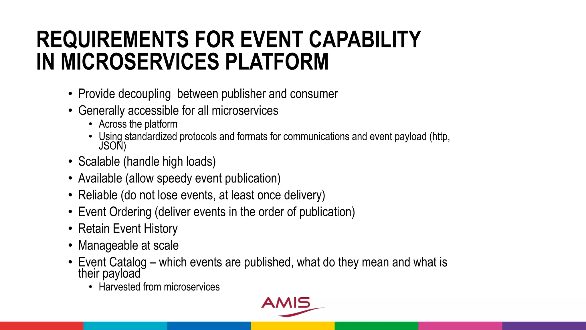 REQUIREMENTS FOR EVENT CAPABILITY
IN MICROSERVICES PLATFORM
• Provide decoupling between publisher and consumer
• Generally accessible for all microservices
• Across the platform
• Using standardized protocols and formats for communications and event payload (http,
JSON)
• Scalable (handle high loads)
• Available (allow speedy event publication)
• Reliable (do not lose events, at least once delivery)
• Event Ordering (deliver events in the order of publication)
• Retain Event History
• Manageable at scale
• Event Catalog – which events are published, what do they mean and what is
their payload
• Harvested from microservices
 
