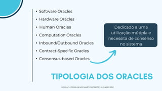 • Software Oracles
• Hardware Oracles
• Human Oracles
• Computation Oracles
• Inbound/Outbound Oracles
• Contract-Specific Oracles
• Consensus-based Oracles
THE ORACLE PROBLEM NOS SMART CONTRACTS | DEZEMBRO 2021
Dedicado a uma
utilização mútipla e
necessita de consenso
no sistema
 