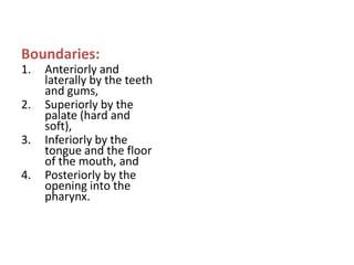 Boundaries:
1.   Anteriorly and
     laterally by the teeth
     and gums,
2.   Superiorly by the
     palate (hard and
     soft),
3.   Inferiorly by the
     tongue and the floor
     of the mouth, and
4.   Posteriorly by the
     opening into the
     pharynx.
 