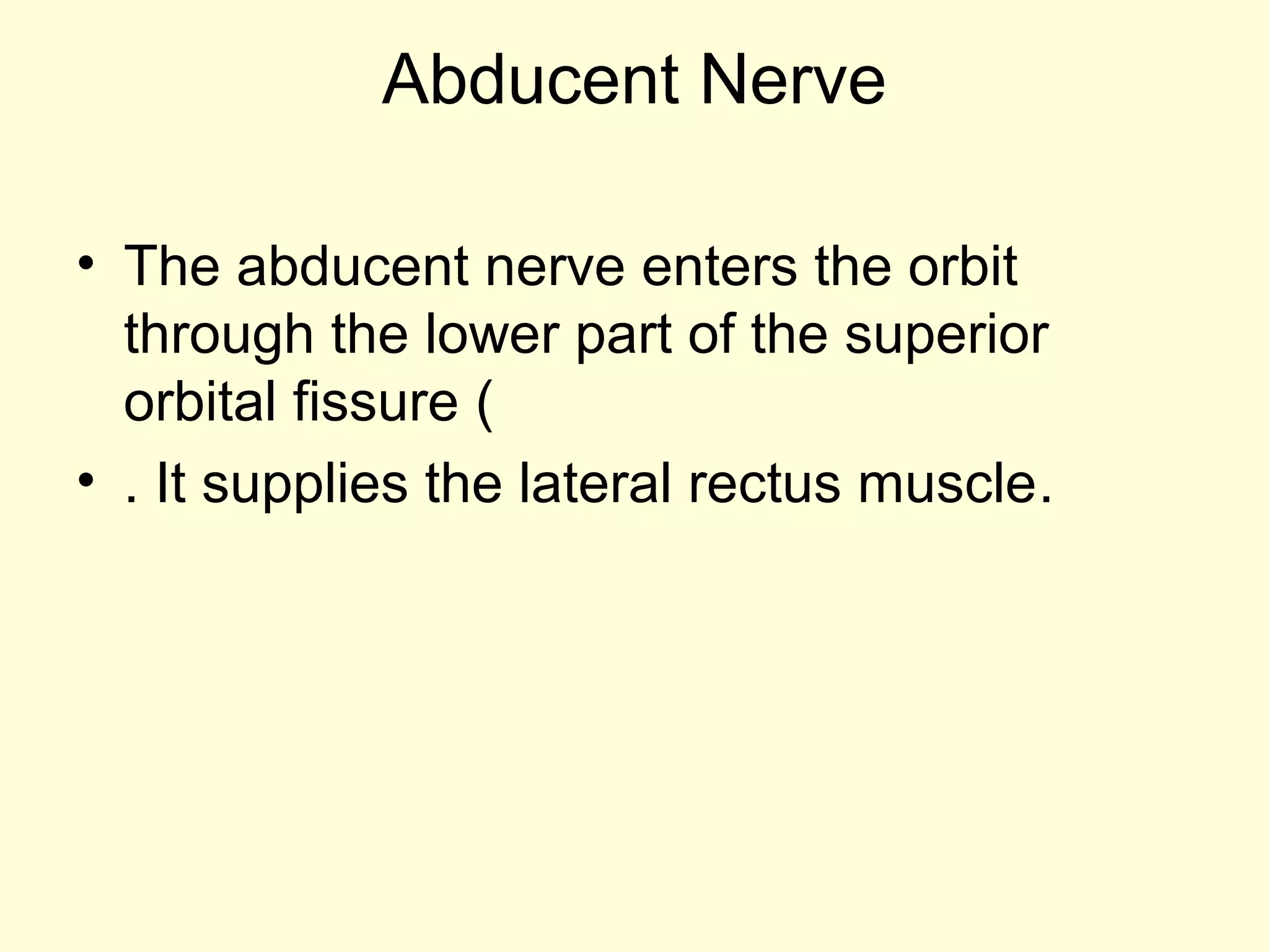 Abducent Nerve
• The abducent nerve enters the orbit
through the lower part of the superior
orbital fissure (
• . It supplies the lateral rectus muscle.
 