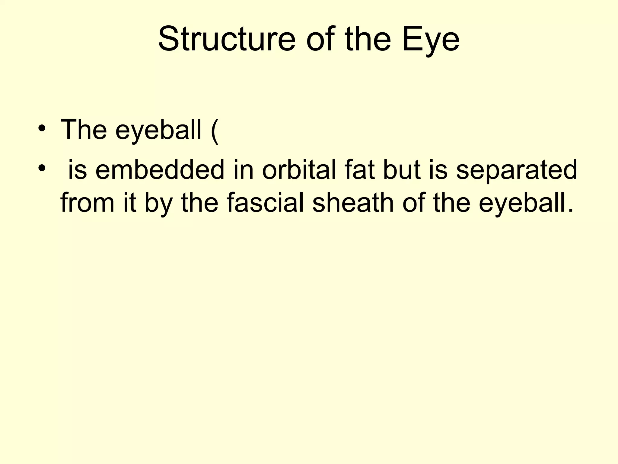 Structure of the Eye
• The eyeball (
• is embedded in orbital fat but is separated
from it by the fascial sheath of the eyeball.
 