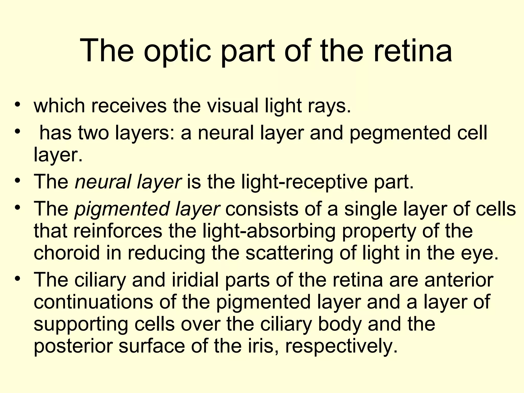 The optic part of the retina
• which receives the visual light rays.
• has two layers: a neural layer and pegmented cell
layer.
• The neural layer is the light-receptive part.
• The pigmented layer consists of a single layer of cells
that reinforces the light-absorbing property of the
choroid in reducing the scattering of light in the eye.
• The ciliary and iridial parts of the retina are anterior
continuations of the pigmented layer and a layer of
supporting cells over the ciliary body and the
posterior surface of the iris, respectively.
 