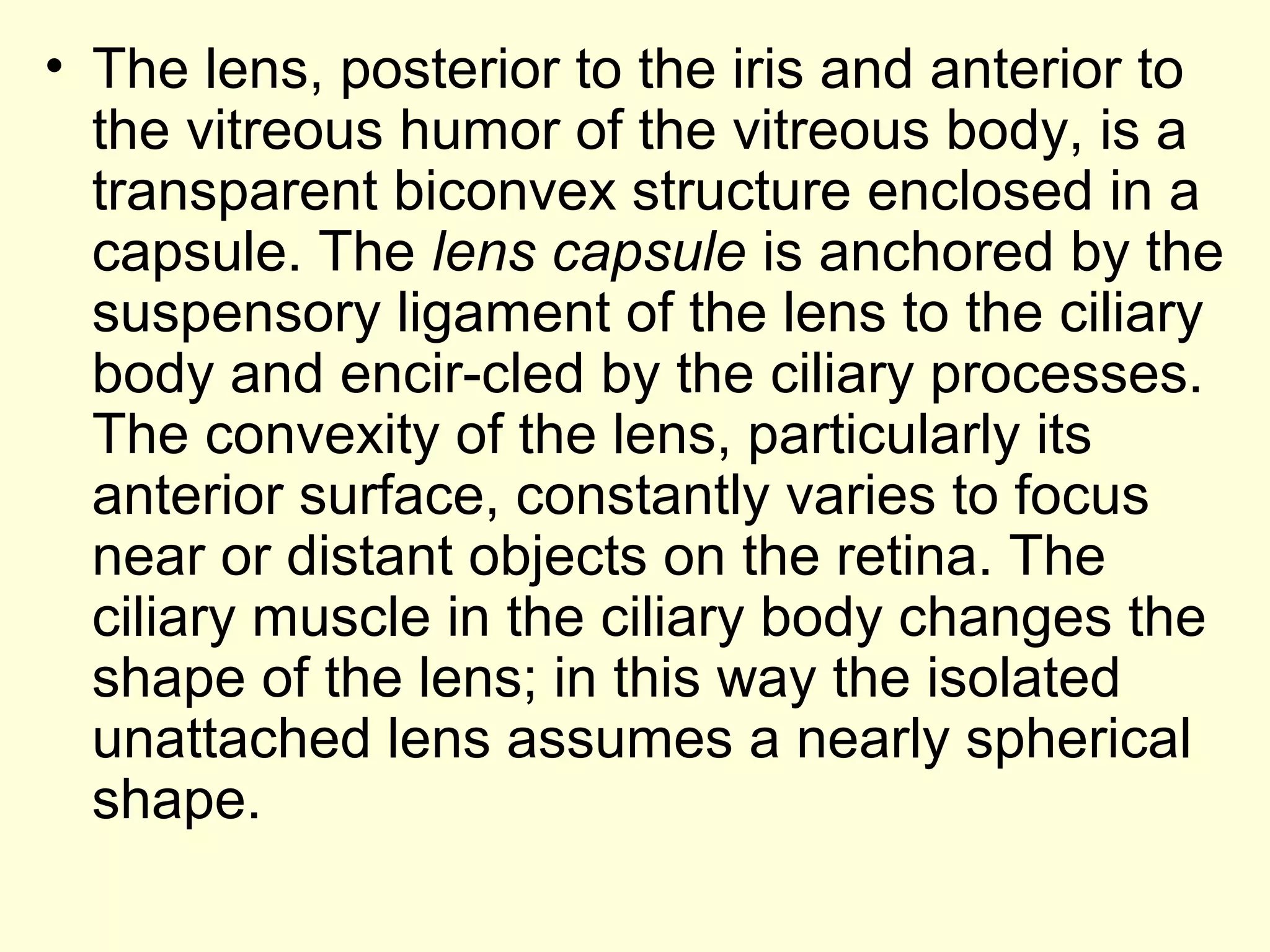 • The lens, posterior to the iris and anterior to
the vitreous humor of the vitreous body, is a
transparent biconvex structure enclosed in a
capsule. The lens capsule is anchored by the
suspensory ligament of the lens to the ciliary
body and encir-cled by the ciliary processes.
The convexity of the lens, particularly its
anterior surface, constantly varies to focus
near or distant objects on the retina. The
ciliary muscle in the ciliary body changes the
shape of the lens; in this way the isolated
unattached lens assumes a nearly spherical
shape.
 