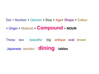 <ul><li>Det + Number  +  Opinion  +  Size  +  Age +  Shape  +  Colour   </li></ul><ul><li>+  Origin  +  Material  +  Compo...