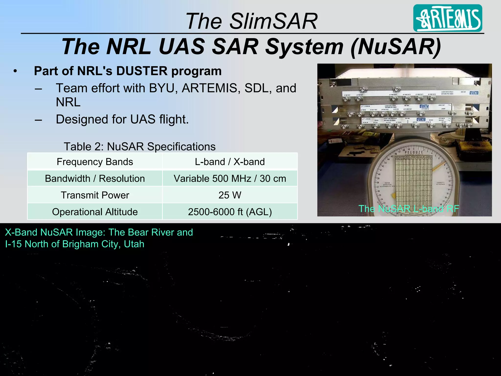 The NRL UAS SAR System (NuSAR) Part of NRL's DUSTER program Team effort with BYU, ARTEMIS, SDL, and NRL Designed for UAS flight.  X-Band NuSAR Image: The Bear River and I-15 North of Brigham City, Utah The NuSAR L-band RF Table 2: NuSAR Specifications Frequency Bands L-band / X-band Bandwidth / Resolution Variable 500 MHz / 30 cm Transmit Power 25 W Operational Altitude 2500-6000 ft (AGL) 