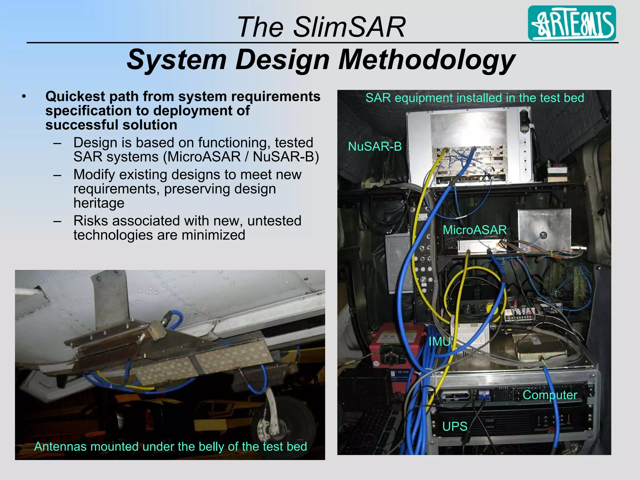 System Design Methodology Quickest path from system requirements specification to deployment of successful solution Design is based on functioning, tested SAR systems (MicroASAR / NuSAR-B) Modify existing designs to meet new requirements, preserving design heritage Risks associated with new, untested technologies are minimized Antennas mounted under the belly of the test bed SAR equipment installed in the test bed NuSAR-B MicroASAR Computer UPS IMU 
