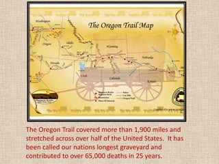 The Oregon Trail covered more than 1,900 miles and
stretched across over half of the United States. It has
been called our nations longest graveyard and
contributed to over 65,000 deaths in 25 years.
 