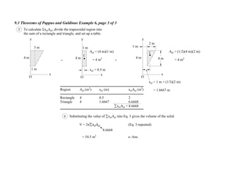9.3 Theorems of Pappus and Guldinus Example 6, page 3 of 3
O
4 m
3 m
O
4 m
1 m
1 m
y
x
y
x
O
4 m
2 m
y
x
C
C
1 m
4 m
xel = 1 m + (1/3)(2 m)
= 1.6667 m
xel = 0.5 m
= +
5 To calculate xelAel, divide the trapezoidal region into
the sum of a rectangle and triangle, and set up a table.
6 Substituting the value of xelAel into Eq. 3 gives the volume of the solid:
V = 2 xelAel (Eq. 3 repeated)
= 54.5 m3
Ans.
8.6668
Region Ael (m2
) xel (m) xelAel (m3
)
Rectangle 4 0.5 2
Triangle 4 1.6667 6.6668
xelAel = 8.6668
Ael = (4 m)(1 m)
= 4 m2
Ael = (1/2)(4 m)(2 m)
= 4 m2
 