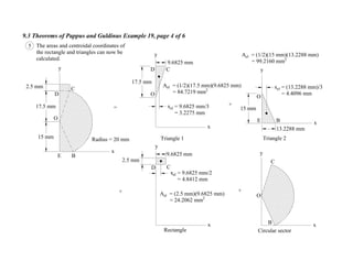 9.3 Theorems of Pappus and Guldinus Example 19, page 4 of 6
Triangle 1 Triangle 2
Rectangle Circular sector
Radius = 20 mm
x
y
15 mm
17.5 mm
2.5 mm
E
O
C
D
B
=
D
CD
O
O O
C
BE
xel = 9.6825 mm/2
= 4.8412 mm
13.2288 mm
9.6825 mm
Ael = (2.5 mm)(9.6825 mm)
= 24.2062 mm2
Ael = (1/2)(15 mm)(13.2288 mm)
= 99.2160 mm2
Ael = (1/2)(17.5 mm)(9.6825 mm)
= 84.7219 mm2
C
B
5 The areas and centroidal coordinates of
the rectangle and triangles can now be
calculated.
x
y
17.5 mm
x
y
15 mm
x
y
2.5 mm
x
y
+
+ +
xel = 9.6825 mm/3
= 3.2275 mm
xel = (13.2288 mm)/3
= 4.4096 mm
9.6825 mm
 