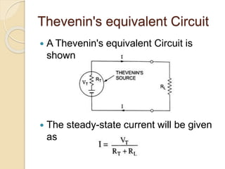 Thevenin's equivalent Circuit
 A Thevenin's equivalent Circuit is
shown below:
 The steady-state current will be given
as
 