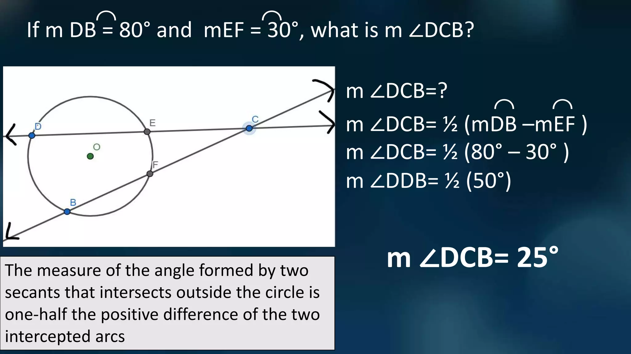 The measure of the angle formed by two
secants that intersects outside the circle is
one-half the positive difference of the two
intercepted arcs
If m DB = 80° and mEF = 30°, what is m ∠DCB?
⌒ ⌒
m ∠DCB=?
m ∠DCB= ½ (mDB –mEF )
⌒ ⌒
m ∠DCB= ½ (80° – 30° )
m ∠DDB= ½ (50°)
m ∠DCB= 25°
 