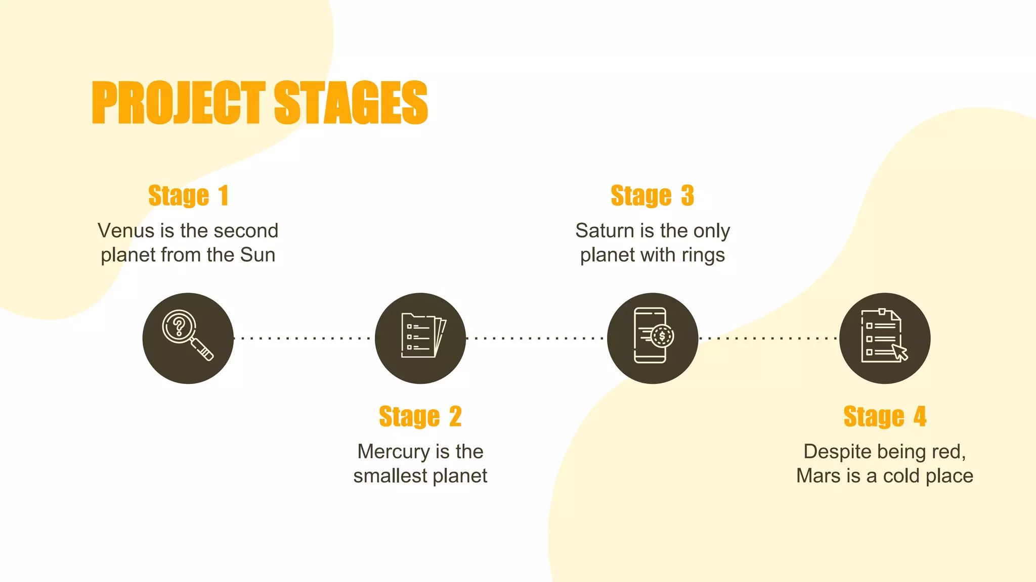 PROJECT STAGES
Stage 3
Saturn is the only
planet with rings
Stage 1
Venus is the second
planet from the Sun
Stage 4
Despite being red,
Mars is a cold place
Stage 2
Mercury is the
smallest planet
 