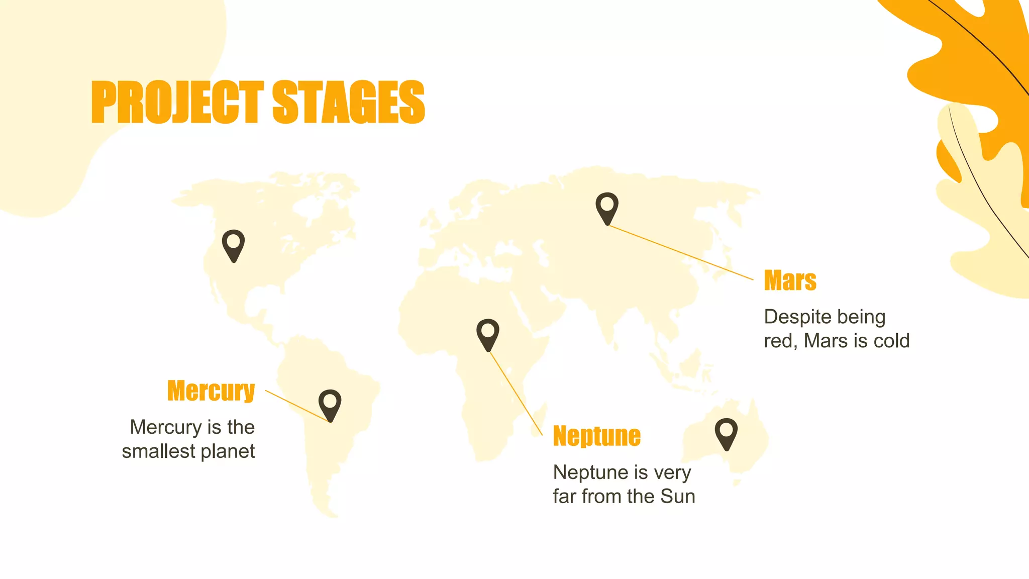 PROJECT STAGES
Despite being
red, Mars is cold
Neptune is very
far from the Sun
Mercury is the
smallest planet
Mercury
Neptune
Mars
 
