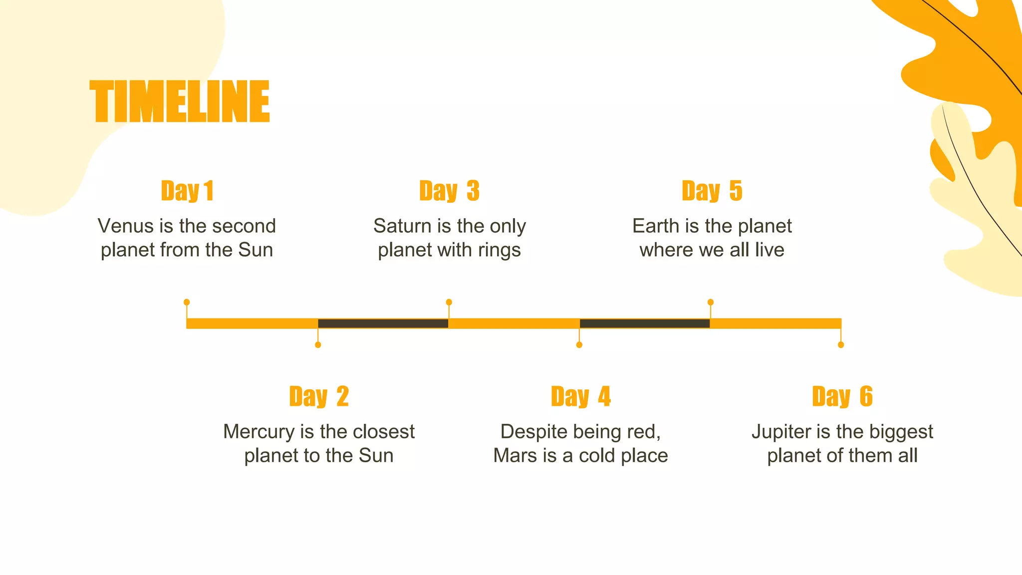 TIMELINE
Day 3
Saturn is the only
planet with rings
Day 5
Earth is the planet
where we all live
Day 1
Venus is the second
planet from the Sun
Day 4
Despite being red,
Mars is a cold place
Day 6
Jupiter is the biggest
planet of them all
Day 2
Mercury is the closest
planet to the Sun
 
