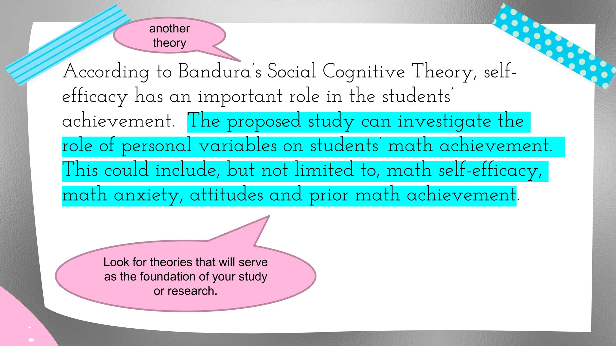 According to Bandura’s Social Cognitive Theory, self-
efficacy has an important role in the students’
achievement. The proposed study can investigate the
role of personal variables on students’ math achievement.
This could include, but not limited to, math self-efficacy,
math anxiety, attitudes and prior math achievement.
another
theory
Look for theories that will serve
as the foundation of your study
or research.
 