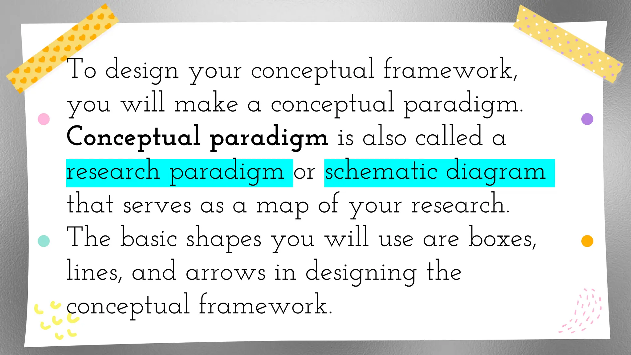 To design your conceptual framework,
you will make a conceptual paradigm.
Conceptual paradigm is also called a
research paradigm or schematic diagram
that serves as a map of your research.
The basic shapes you will use are boxes,
lines, and arrows in designing the
conceptual framework.
 
