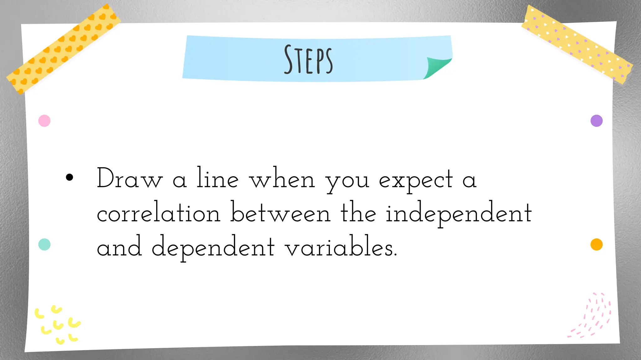 Steps
• Draw a line when you expect a
correlation between the independent
and dependent variables.
 