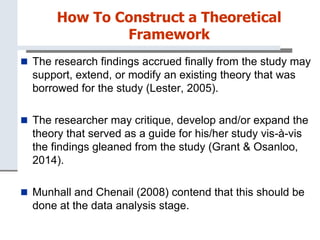 How To Construct a Theoretical
Framework
 The research findings accrued finally from the study may
support, extend, or modify an existing theory that was
borrowed for the study (Lester, 2005).
 The researcher may critique, develop and/or expand the
theory that served as a guide for his/her study vis-à-vis
the findings gleaned from the study (Grant & Osanloo,
2014).
 Munhall and Chenail (2008) contend that this should be
done at the data analysis stage.
 
