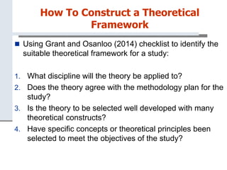 How To Construct a Theoretical
Framework
 Using Grant and Osanloo (2014) checklist to identify the
suitable theoretical framework for a study:
1. What discipline will the theory be applied to?
2. Does the theory agree with the methodology plan for the
study?
3. Is the theory to be selected well developed with many
theoretical constructs?
4. Have specific concepts or theoretical principles been
selected to meet the objectives of the study?
 