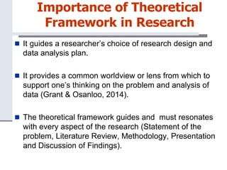 Importance of Theoretical
Framework in Research
 It guides a researcher’s choice of research design and
data analysis plan.
 It provides a common worldview or lens from which to
support one’s thinking on the problem and analysis of
data (Grant & Osanloo, 2014).
 The theoretical framework guides and must resonates
with every aspect of the research (Statement of the
problem, Literature Review, Methodology, Presentation
and Discussion of Findings).
 