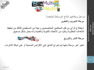 25
IPRG 473
MultimediaSystemsDevelopment
IPRG473
IbrahimAledane
‫المتعددة‬ ‫الوسائط‬ ‫إنتاج‬ ‫ومفاهيم‬ ‫مراحل‬
‫والتطوير‬ ‫التجريب‬ ‫مرحلة‬
‫من‬ ‫للتأكد‬ ‫المستفيدين‬ ‫من‬ ‫وعينة‬ ‫المتخصصين‬ ‫المحكمين‬ ‫قبل‬ ‫من‬ ‫الرأي‬ ‫استطالع‬‫تحقيقه‬
‫صحيح‬ ‫بشكل‬ ‫يعمل‬ ‫وأنه‬ ‫والعلمية‬ ‫اللغوية‬ ‫األخطاء‬ ‫من‬ ‫وخلوه‬ ‫المطلوبة‬ ‫لألهداف‬.
‫والتوزيع‬ ‫النشر‬ ‫مرحلة‬
‫اإلن‬ ‫شبكة‬ ‫على‬ ‫أو‬ ‫المدمجة‬ ‫األقراص‬ ‫على‬ ‫المنتج‬ ‫إخراج‬ ‫يتم‬ ‫وفيها‬ ‫مرحلة‬ ‫آخر‬ ‫تعتبر‬‫ترنت‬.
 