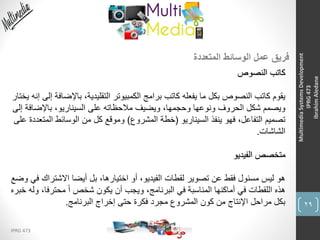 29
IPRG 473
MultimediaSystemsDevelopment
IPRG473
IbrahimAledane
‫المتعددة‬ ‫الوسائط‬ ‫عمل‬ ‫فريق‬
‫النصوص‬ ‫كاتب‬
‫باإلض‬ ،‫التقليدية‬ ‫الكمبيوتر‬ ‫برامج‬ ‫كاتب‬ ‫يفعله‬ ‫ما‬ ‫بكل‬ ‫النصوص‬ ‫كاتب‬ ‫يقوم‬‫يختار‬ ‫إنه‬ ‫إلى‬ ‫افة‬
‫باإلضاف‬ ،‫السيناريو‬ ‫على‬ ‫مالحظاته‬ ‫ويضيف‬ ،‫وحجمها‬ ‫ونوعها‬ ‫الحروف‬ ‫شكل‬ ‫ويصمم‬‫إلى‬ ‫ة‬
‫السيناريو‬ ‫ينفذ‬ ‫فهو‬ ،‫التفاعل‬ ‫تصميم‬(‫المشروع‬ ‫خطة‬)‫المت‬ ‫الوسائط‬ ‫من‬ ‫كل‬ ‫وموقع‬‫على‬ ‫عددة‬
‫الشاشات‬.
‫الفيديو‬ ‫متخصص‬
‫االشتراك‬ ‫أيضا‬ ‫بل‬ ،‫اختيارها‬ ‫أو‬ ،‫الفيديو‬ ‫لقطات‬ ‫تصوير‬ ‫عن‬ ‫فقط‬ ‫مسئول‬ ‫ليس‬ ‫هو‬‫وضع‬ ‫في‬
‫و‬ ،‫محترفا‬ ً‫ا‬ ‫شخص‬ ‫يكون‬ ‫أن‬ ‫ويجب‬ ،‫البرنامج‬ ‫في‬ ‫المناسبة‬ ‫أماكنها‬ ‫في‬ ‫اللقطات‬ ‫هذه‬‫خبره‬ ‫له‬
‫البرنامج‬ ‫إخراج‬ ‫حتى‬ ‫فكرة‬ ‫مجرد‬ ‫المشروع‬ ‫كون‬ ‫من‬ ‫اإلنتاج‬ ‫مراحل‬ ‫بكل‬.
 