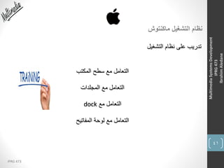 41
IPRG 473
MultimediaSystemsDevelopment
IPRG473
IbrahimAledane
‫ماكنتوش‬ ‫التشغيل‬ ‫نظام‬
‫التشغيل‬ ‫نظام‬ ‫على‬ ‫تدريب‬
‫المكتب‬ ‫سطح‬ ‫مع‬ ‫التعامل‬
‫المجلدات‬ ‫مع‬ ‫التعامل‬
‫مع‬ ‫التعامل‬dock
‫المفاتيح‬ ‫لوحة‬ ‫مع‬ ‫التعامل‬
 