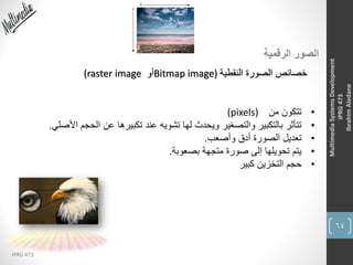 64
IPRG 473
MultimediaSystemsDevelopment
IPRG473
IbrahimAledane
‫الرقمية‬ ‫الصور‬
(raster image ‫أو‬Bitmap image) ‫النقطية‬ ‫الصورة‬ ‫خصائص‬
•‫من‬ ‫تتكون‬(pixels)
•‫األ‬ ‫الحجم‬ ‫عن‬ ‫تكبيرها‬ ‫عند‬ ‫تشويه‬ ‫لها‬ ‫ويحدث‬ ‫والتصغير‬ ‫بالتكبير‬ ‫تتأثر‬‫صلي‬.
•‫وأصعب‬ ‫أدق‬ ‫الصورة‬ ‫تعديل‬.
•‫بصعوبة‬ ‫متجهة‬ ‫صورة‬ ‫إلى‬ ‫تحويلها‬ ‫يتم‬.
•‫كبير‬ ‫التخزين‬ ‫حجم‬
 