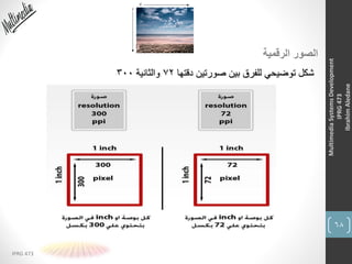 68
IPRG 473
MultimediaSystemsDevelopment
IPRG473
IbrahimAledane
‫الرقمية‬ ‫الصور‬
‫دقتها‬ ‫صورتين‬ ‫بين‬ ‫للفرق‬ ‫توضيحي‬ ‫شكل‬72‫والثانية‬300
 