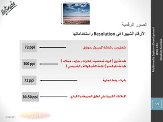 69
IPRG 473
MultimediaSystemsDevelopment
IPRG473
IbrahimAledane
‫الرقمية‬ ‫الصور‬
‫في‬ ‫الشهيرة‬ ‫األرقام‬Resolution‫واستخداماتها‬
 